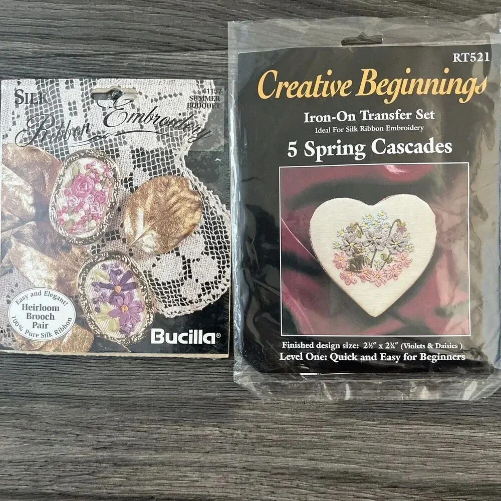 Vtg Bucilla Silk Ribbon Brooch Embroidery Kit 41157 Creative Beginnings Iron On
